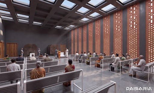 Indoor prayer hall with waffle-slab skylights and brick jali walls