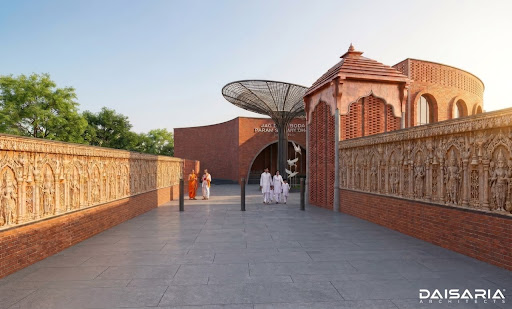 Mourners' walkway with stone reliefs and copper-domed canopies