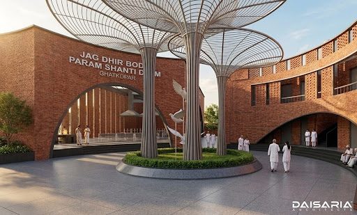 Central aangan courtyard with metal tree canopies and dove sculpture