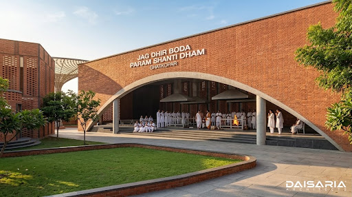 Grand brick arch of Jag Dhir Boda Param Shanti Dham, Ghatkopar